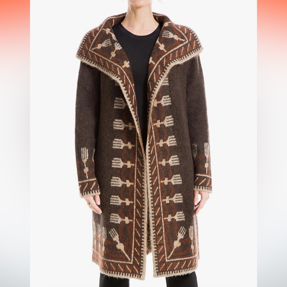 LONG SOFT BROWN SOUTHWESTERN OPEN CARDIGAN FUZZY SWEATER POCKETS SIZE LARGE - Picture 10 of 10